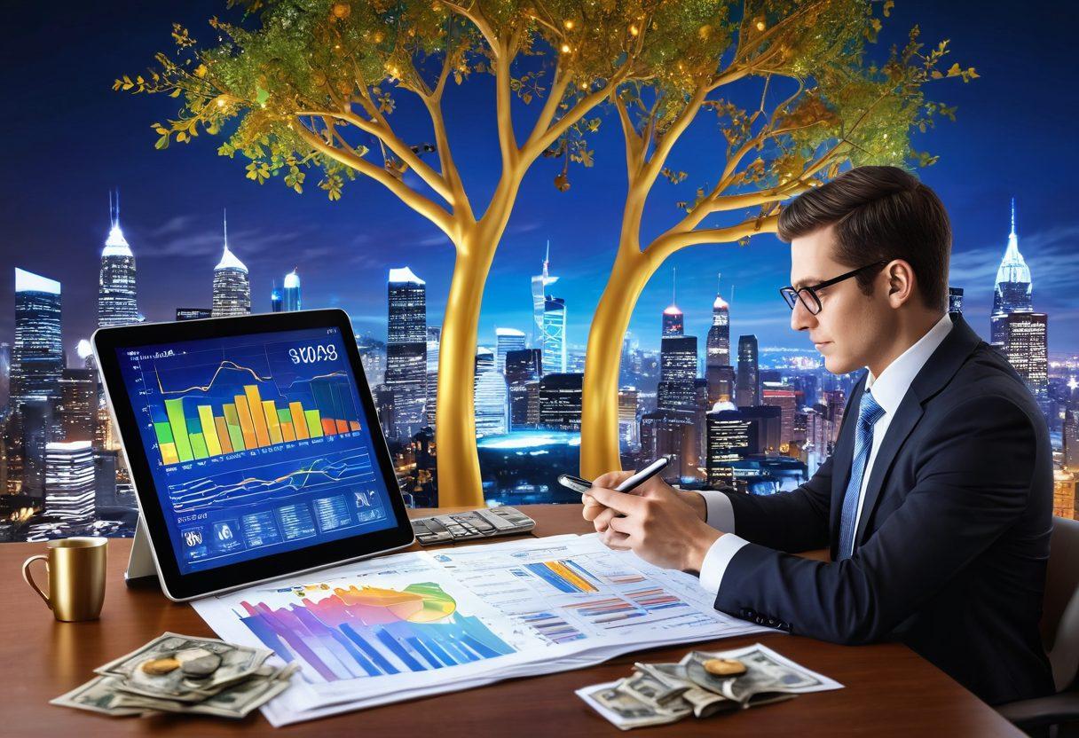 A confident person analyzing financial graphs and charts on a digital tablet, surrounded by piles of coins and bills. Include a glowing tree symbolizing growth, with branches reaching for gold coins. Incorporate a background of a futuristic city skyline to signify prosperity and ambition. super-realistic. vibrant colors. 3D.
