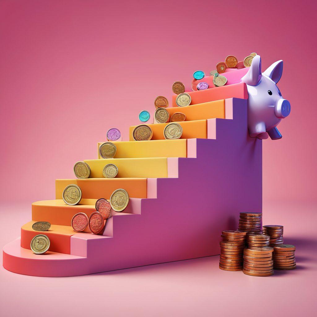A dynamic graphic illustrating a journey from budgeting to investing, featuring a rising staircase with vibrant steps labeled 'Budgeting', 'Savings', and 'Investing'. Each step adorned with creative icons representing coins, a piggy bank, and a stock market graph respectively. The background includes soft gradient colors suggesting growth and financial empowerment. super-realistic. vibrant colors. 3D.