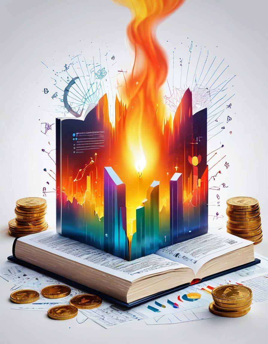 A luminous, glowing book filled with financial charts and strategies, surrounded by dynamic flames symbolizing wealth growth. In the background, a diverse group of people engaged in discussions about finance, with upward-trending graphs radiating energy. Elements like coins and dollar bills floating around, creating a sense of abundance. super-realistic. vibrant colors. white background.